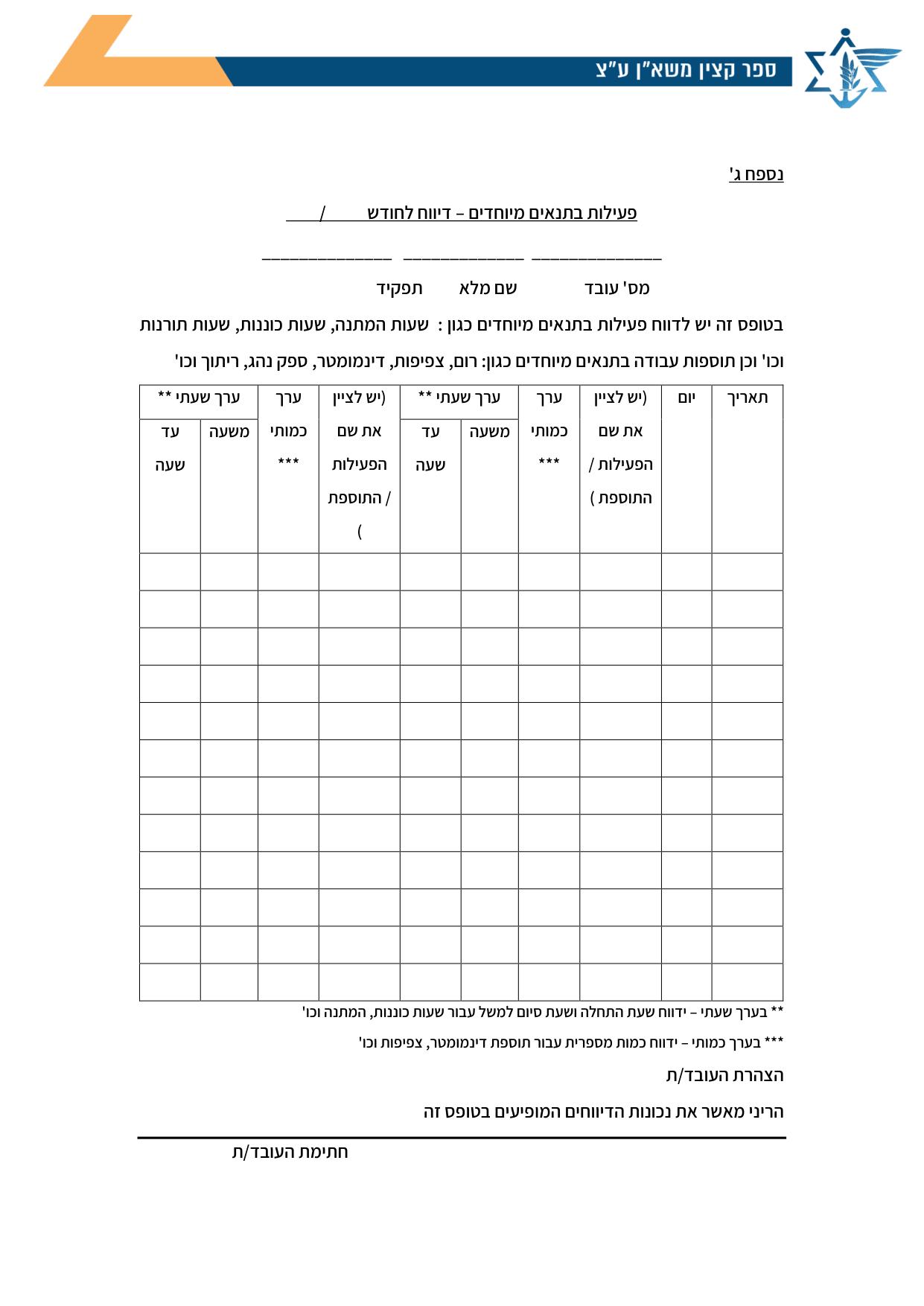 עמוד 1 של נספח ג' – פעילות בתנאים מיוחדים – דיווח לחודש /
